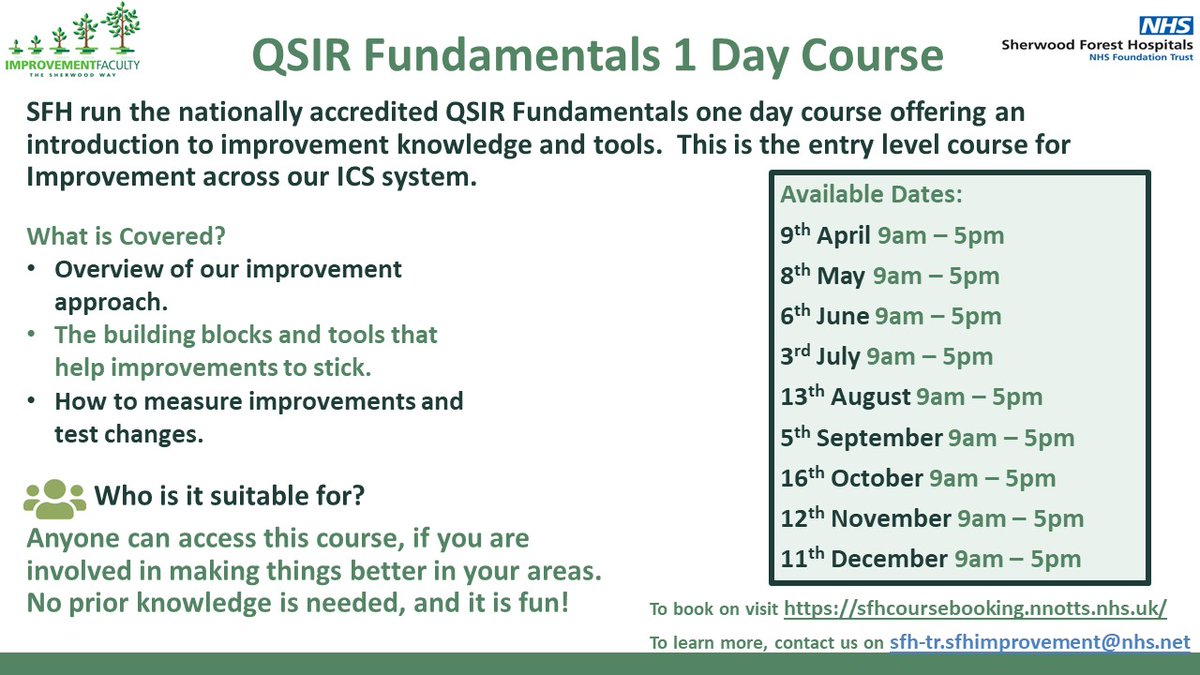 Our QSIR Fundamentals 1-day course fills up fast! Be sure to book your space now! This course covers the overview over our improvement approach plus much more. For more details and to book a place, go to the SFH course booking intranet page.