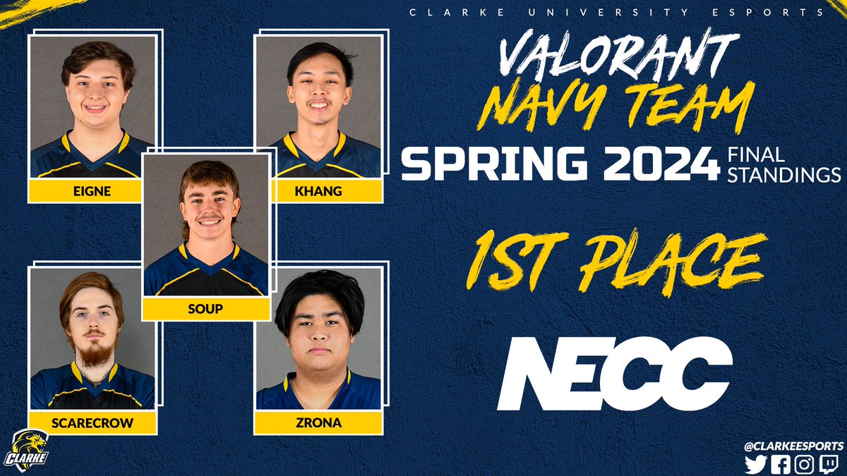 Clarke_Esports's tweet photo. After a restful Spring Break, it's now time to start congratulating our teams on their regular season. First up is #PrideVAL!
In our @neccgames season, both teams ended 1st place in their division, qualifying us for the playoffs starting tonight! https://t.co/WAr13Hk6Yq