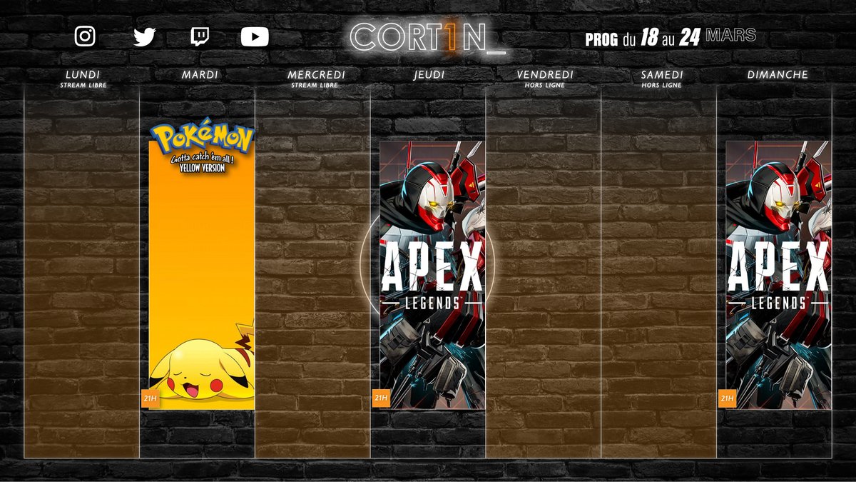 cort1n's tweet photo. yooo,
📅 Prog' de la semaine : plutôt classique
- 🐻 Suite de Pokémon Jaune
- 🔫 Grind Apex 
https://t.co/8Xh25hIvho https://t.co/wRB9BmExNP