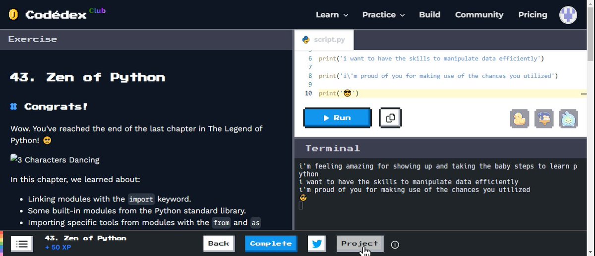 e_o_y_u_g_i's tweet image. Zen of Python 🐍 #CodedexZenOfPython @codedex_io #30NitesOfCode .Day 16 I finished the awesome course the legend of python