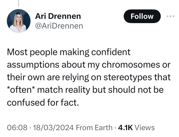 Sex is not a stereotype. Sex *is* an evolved biological reality. It doesn't ‘match reality’. Humans have a male or a female sex. That's a statement of fact. You know your sex. Just like you know your species. And turns out, you know you are human without whole genome sequencing.