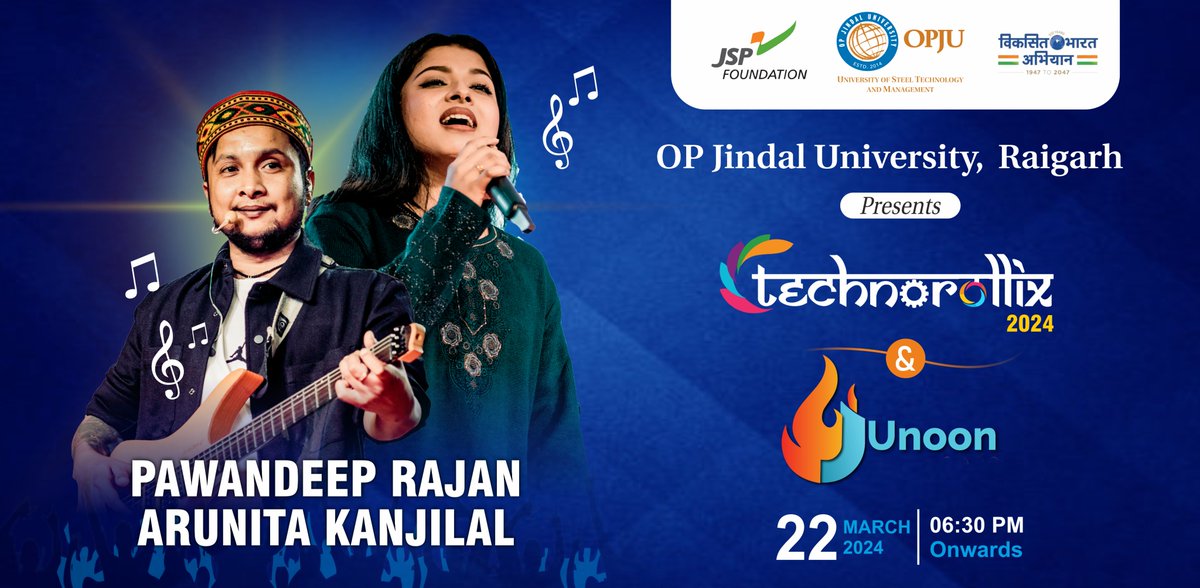 🎶Get ready for a mesmerizing night of soulful melodies! Join us for an unforgettable evening with Bollywood's playback sensations @pawandeeprajan9 & @ArunitaO LIVE at OPJU Campus on 22nd March 2024, 6:30 PM onwards. @MPNaveenJindal @shallujindal20 @DrRDPatidar @JSPLCorporate