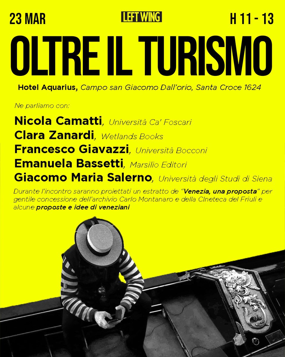 SAVE THE DATE Continuano gli incontri organizzati da <a href="/leftwing_it/">Left Wing</a> ! Gestione dei flussi turistici, economia del turismo e idee e proposte su come uscire dalla morsa dell'overtourism. Ne parliamo con ospiti d'eccezione sabato 23 marzo. Vi aspettiamo!