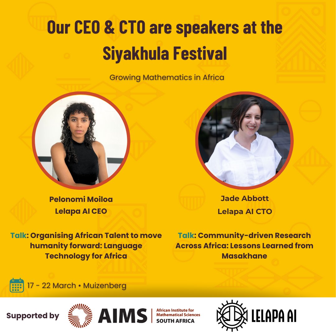 Our CEO and CTO are speaking at the Siyakhula Festival held in Muizenberg this week. It's an honour to be part of Siyakhula, themed 'Growing Mathematics in Africa' & aimed at empowering the next generation of mathematical scientists.🙂 Programme:bit.ly/ProgS #AIMS20th