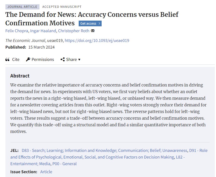 Why do you tend to read ideologically aligned news? Because it feels good to have your beliefs confirmed – or because you tend to perceive aligned news as more accurate? Our recent @EJ_RES paper (with @FelixChopra and Chris Roth) uses an experiment to tackle this question.🧵