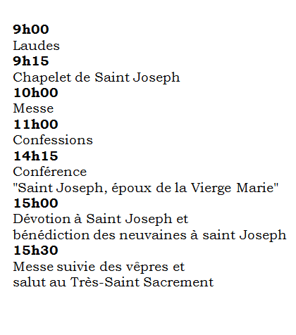 Ce mardi 19 mars à Notre-Dame de Thierenbach
« Fête de Saint Joseph, époux de la Vierge Marie »

Programme de la journée.

#Joseph #Alsace #Jungholtz #Carême #Foi #Pâques #Iubilaeum25 #Jubilé2025 #Giubileo2025 #AnnéeDeLaPrière #PrionsEnsemble #Mulhouse #Colmar #Thann #Monaco