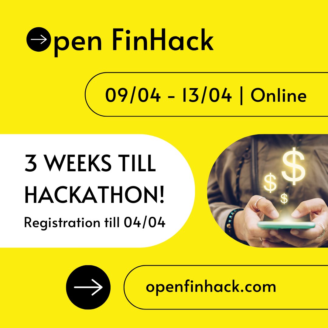 🚀 3 weeks until Open FinHack - the International FinTech Hackathon! 💻
Your skills are needed to shape the future of finance. Register now openfinhack.com and be part of this transformative experience! 🚀💼 #openfinhack
