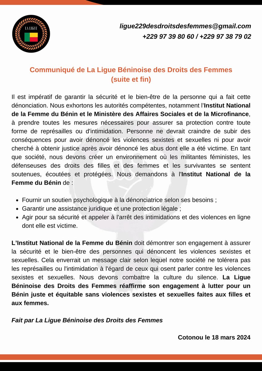 La Ligue Béninoise des Droits des Femmes (@laligue229) on Twitter photo <a href="/LaLigue229/">La Ligue Béninoise des Droits des Femmes</a> exprime son indignation face aux récentes dénonciations de viol et de harcèlement, partagées courageusement par la présidente de l'association "N'aie Pas Peur".
Nous demandons aux autorités <a href="/INFBenin/">Institut National de la Femme</a> d’agir pour sa sécurité & son bien-être. #JusticePourToutes ✊🏾 <a href="/LaLigue229/">La Ligue Béninoise des Droits des Femmes</a> exprime son indignation face aux récentes dénonciations de viol et de harcèlement, partagées courageusement par la présidente de l'association "N'aie Pas Peur".
Nous demandons aux autorités <a href="/INFBenin/">Institut National de la Femme</a> d’agir pour sa sécurité & son bien-être. #JusticePourToutes ✊🏾