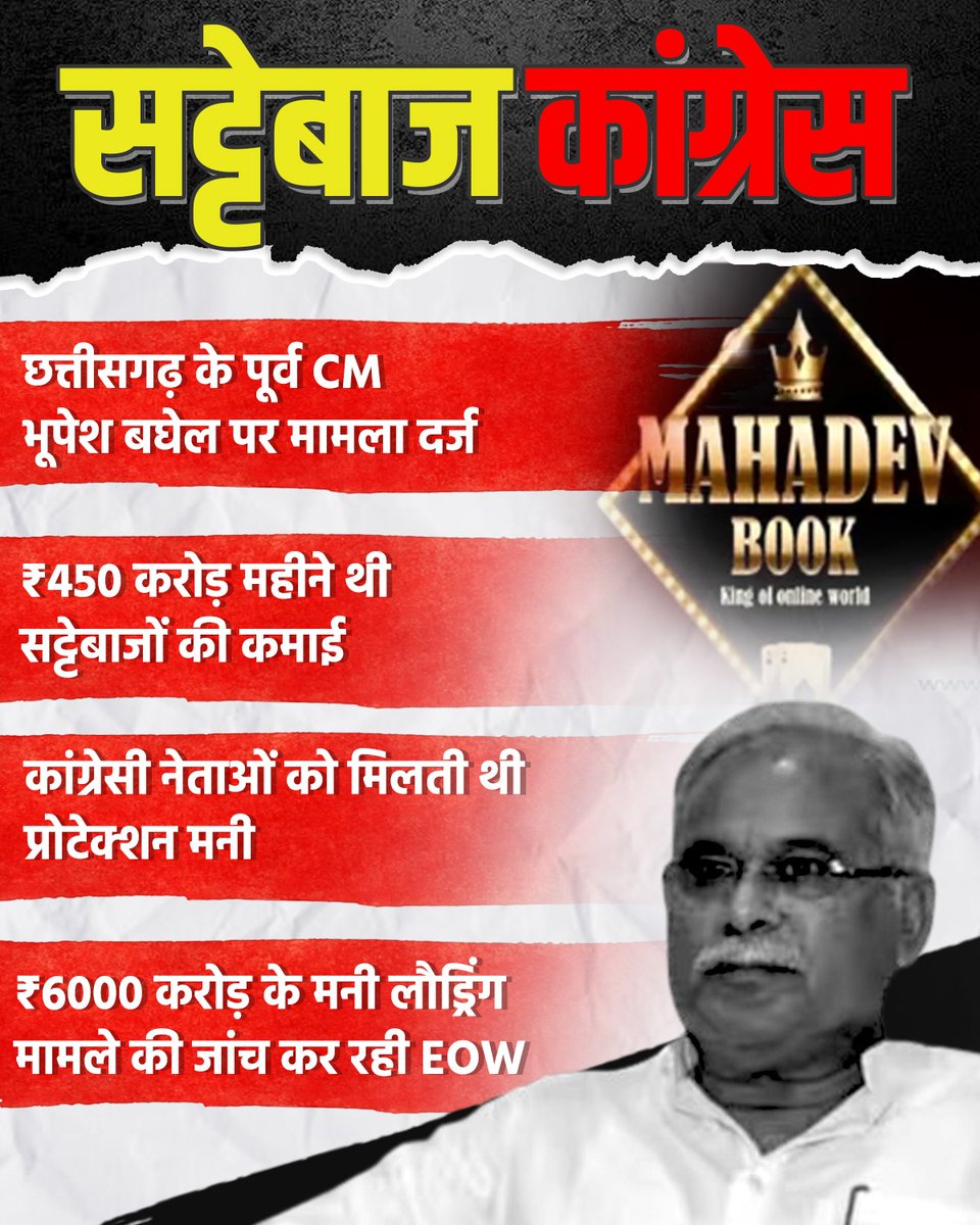 सट्टेबाज कांग्रेस!

छत्तीसगढ़ के पूर्व मुख्यमंत्री भूपेश बघेल पर मामला दर्ज, ₹450 करोड़ महीने थी सट्टेबाजों की कमाई।