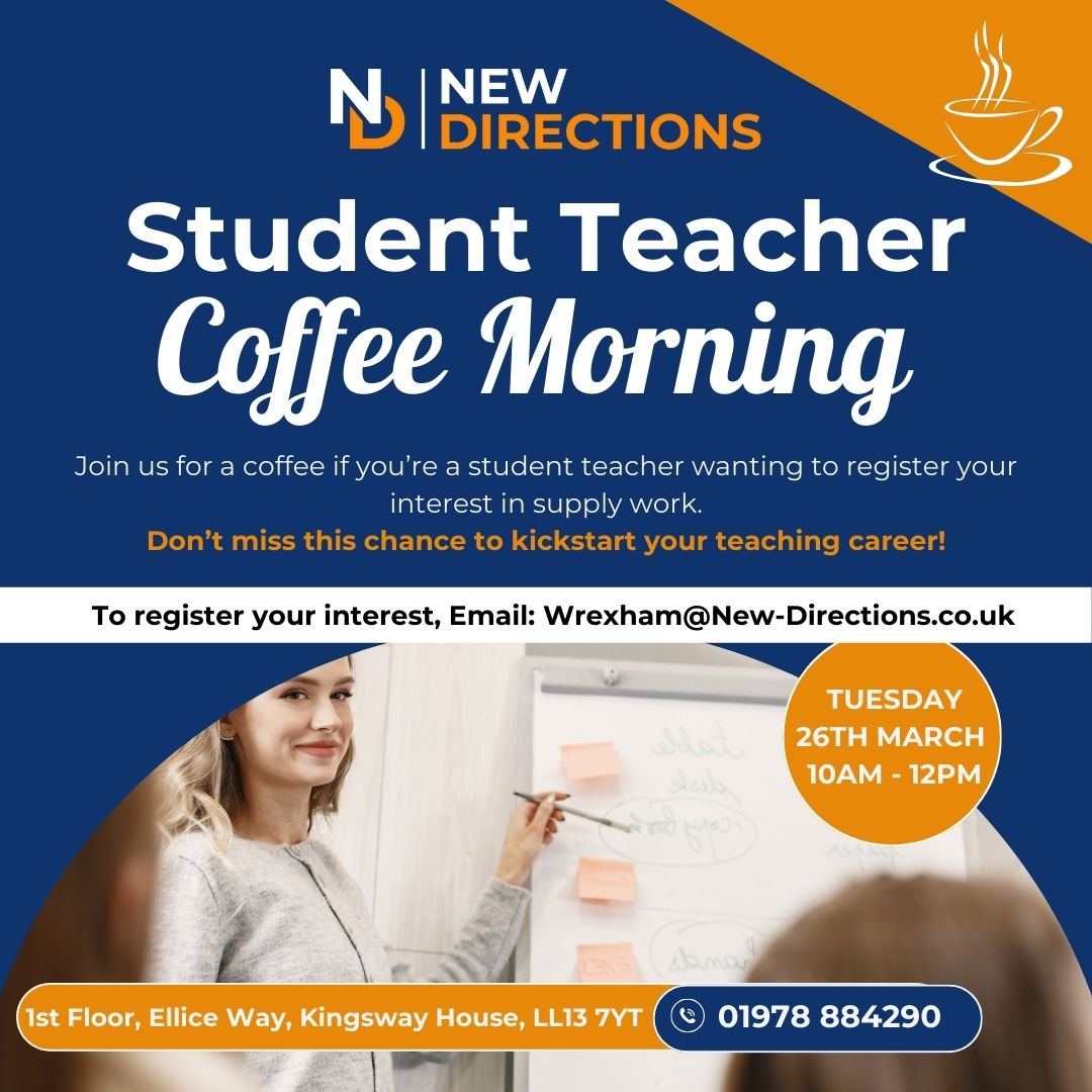 NDSarahH's tweet photo. 📢Calling all #StudentTeachers! 📢

Come down to our Wrexham Branch and have a friendly chat about the different opportunities we have to offer regarding #SupplyWork.

🗓️Tuesday 26th March 2024 
📍1st Floor, Ellice Way, Kingsway House LL13 7YT https://t.co/6tMI1ArfEd