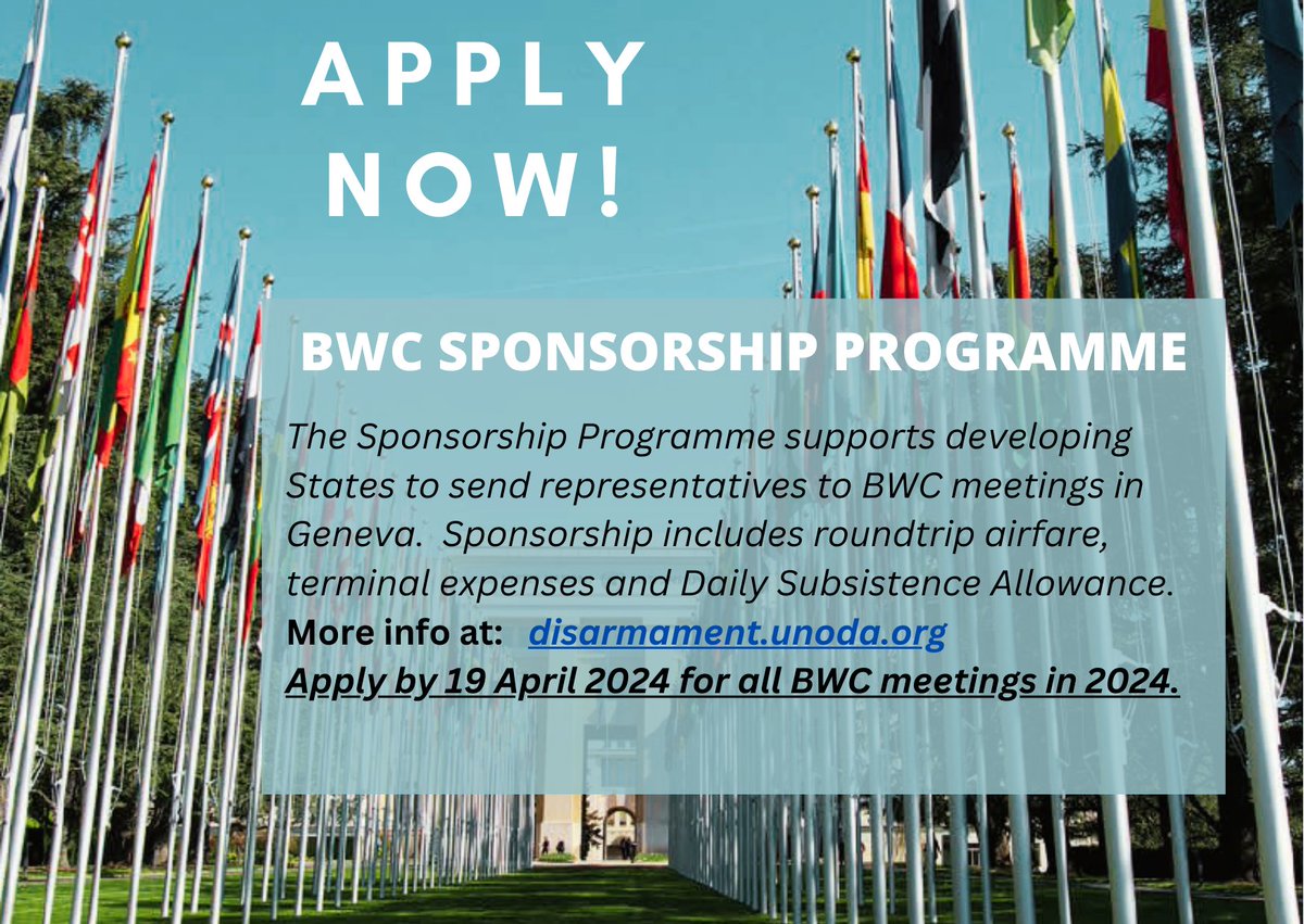 🌍Applications for the #1972BWC Sponsorship Programme are now open. Get support to send representatives to BWC meetings in Geneva, including travel & daily subsistence allowances. 🛫🏨 Apply by 19 April. Note: Only State nominations are accepted. disarmament.unoda.org/biological-wea…