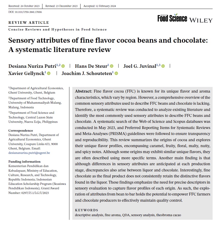Joachim Schouteten (@jj_schouteten) on Twitter photo We Belgians love quality chocolate, but ever wondered what the main sensory attributes are of fine flavor chocolate? Find it out in our latest paper. <a href="/FbwUGent/">Faculty of Bioscience Engineering UGent</a>
doi.org/10.1111/1750-3… We Belgians love quality chocolate, but ever wondered what the main sensory attributes are of fine flavor chocolate? Find it out in our latest paper. <a href="/FbwUGent/">Faculty of Bioscience Engineering UGent</a>
doi.org/10.1111/1750-3…