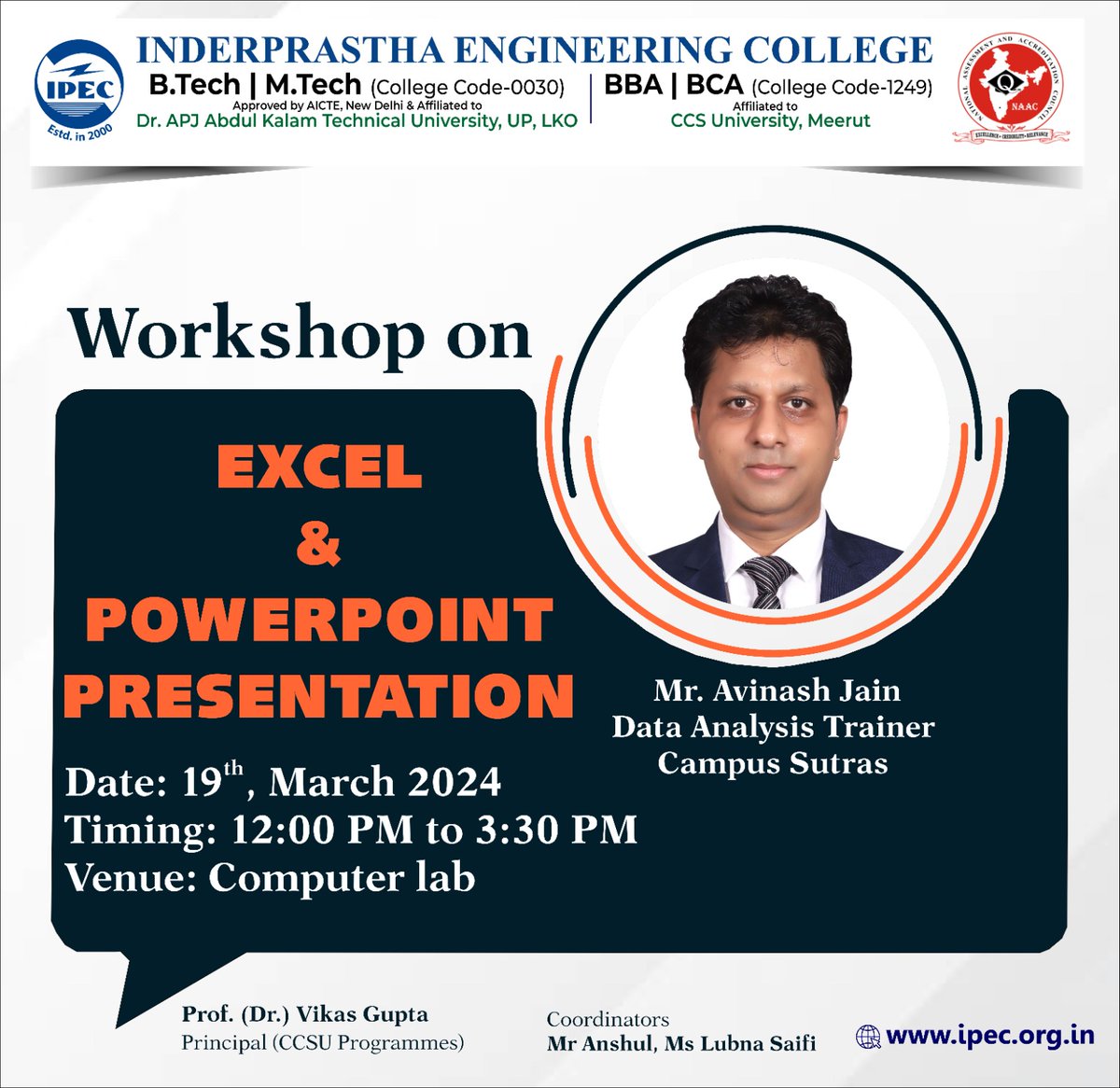 ipecgzb's tweet image. Inderprastha Engeneering College will be organising a workshop on Excel and PowerPoint presentation for BBA students on 19th March 2024 at 12pm.
.
#ExcelWorkshop #PowerPointSkills #BBAWorkshop #DataAnalysis #SkillDevelopment #BusinessTools #HandsOnLearning #IEC #ipec #ipec30
