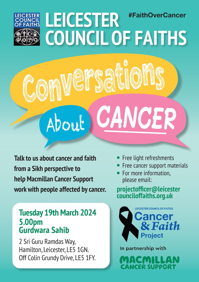 Everyone is welcome to our next Conversations about Cancer event, on 19.3.24 from 5pm at the Gurdwara Sahib, Hamilton, LE5 1FY, everyone is welcome and there is no need to book, just turn up.