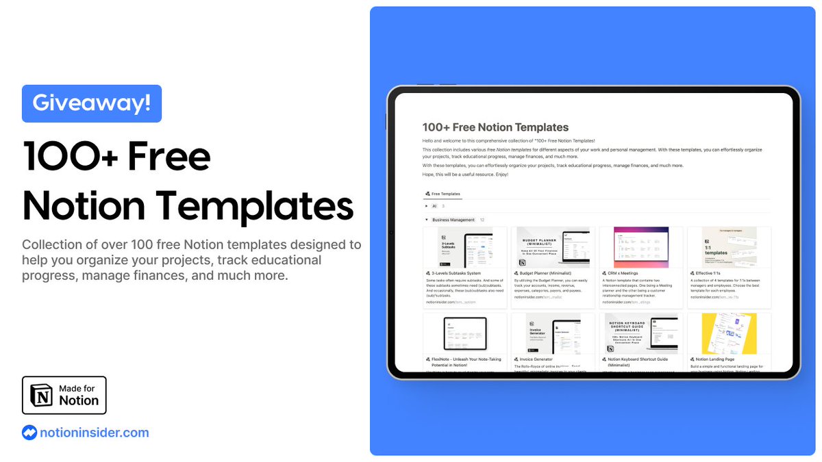 We collected over 100 FREE Notion templates you need!

In this collection, you'll find various essential templates for different aspects of your work and personal life.

Want? Just RT and reply "100".

We'll send to you by DM!