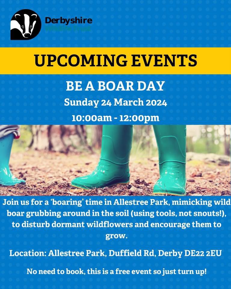 Join us for ‘Be a Boar’ Day of Allestree Park 🌳 🌺 🐗 

Meeting at 10am in the main car park, just turn up to take part in the activity. 

Sturdy footwear is needed. Tools provided 🥾🧰

#rewildingbritain #allestreepark #derby #derbyshire