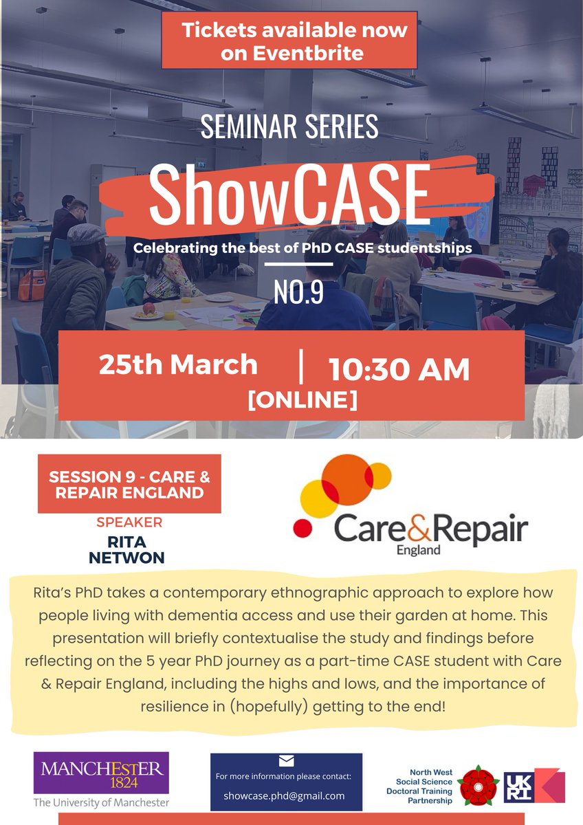 Join us for our March ShowCASE seminar, where @RitaInclusively will be sharing her experience as a part-time CASE student with Care & Repair England ! Tickets now available on Eventbrite 👇 eventbrite.co.uk/e/showcase-sem…
