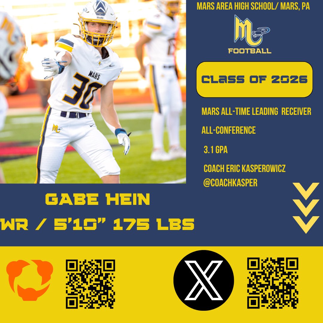 MarsHSFootball's tweet image. All Eyes on the…Class of 2026
WR @GabeHein8
Mars All-Time Leading WR  
#MarsMade 

👽🏈💪#WT2         👀👇