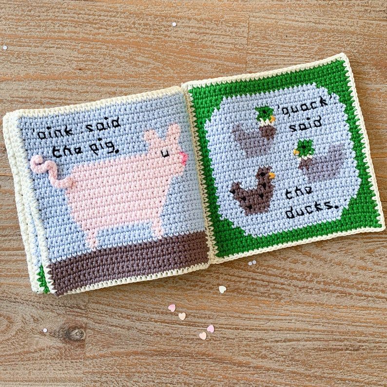 knithacker's tweet photo. Crochet a 'Quiet Book' For Baby, New Design From The Almond Snug ... It's Called Noisy Farm! I See Moo Cows! 👉 https://t.co/KZ1p9mKCtQ #crochet #quietbook #handmade https://t.co/F31rnfZDgZ