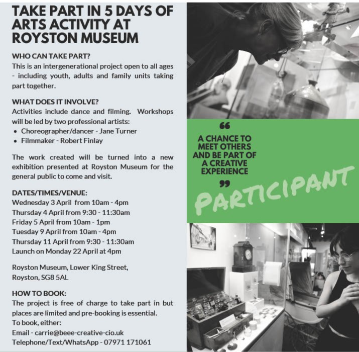 👀 Take part in 5 days of free arts activities at Royston Museum in April! 👇👀 These #workshops are run as part of #projectperformtransform Funded by @heritagefunduk #dance #arts #film #community #museums #heritage #hertfordshire