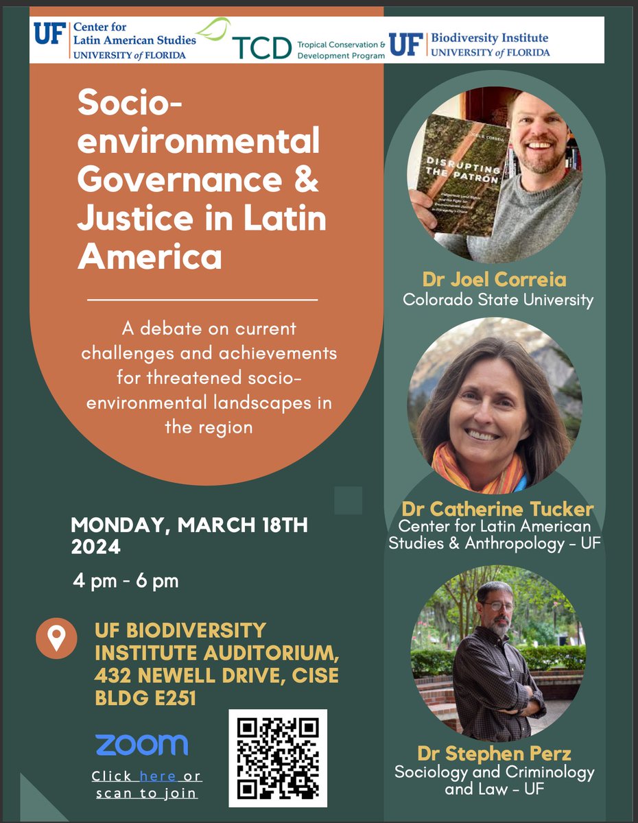 Excited to be back in Gainesville today! If you’re on campus, join us for a panel on sociology-environmental governance and justice at 4pm (also by zoom). Full info in flyer👇@LatamUF @TCD_UF @UFGeog @csu_hdnr @WarnerCollege