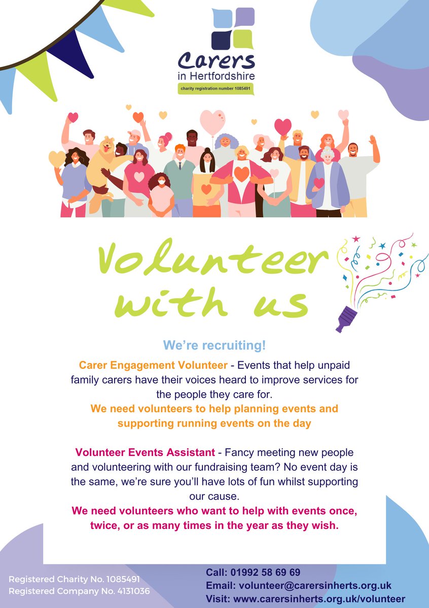 Looking for something meaningful to fill your free time? Or want to give back to the community? Then we have some new volunteer roles that you may be interested in! Visit: carersinherts.org.uk/volunteer Email: volunteer@carersinherts.org.uk Phone: 01992 58 69 69