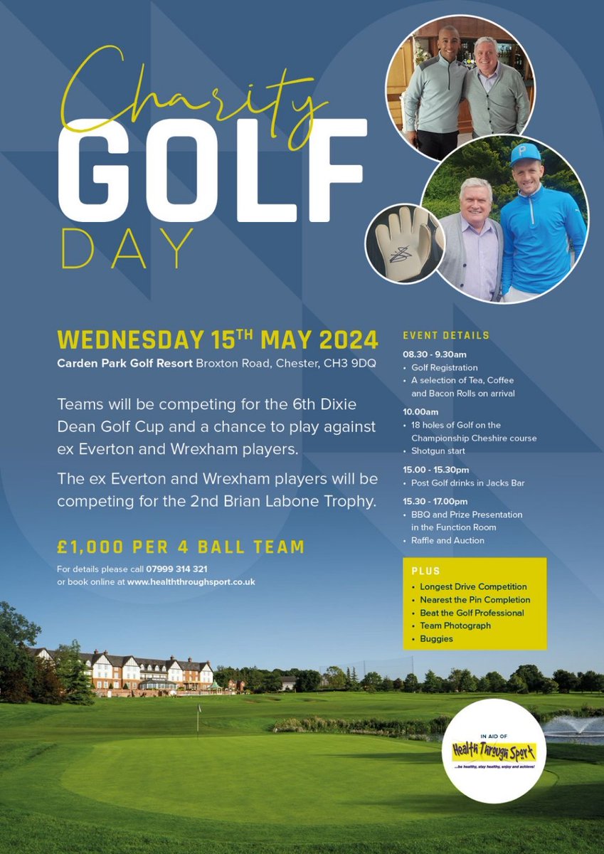 @Everton @Wrexham_AFC Information about our charity Golf event with teams competing for the 6th Dixie Dean Cup. Ex Everton & Wrexham teams competing for the Brian Labone trophy. BBQ,comedian & Q & A. Going to be a fabulous day. Book early.RTs appreciated.Thx. #NSNO 💙👍
