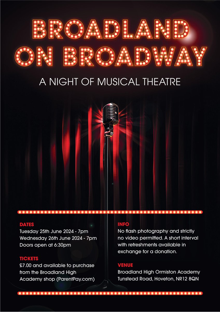 Annie in Y9 designed this year's promotional poster for our "BROADLAND ON BROADWAY" production in June, and we're thrilled to release the digital poster that has been designed by Ewen at Cameron Creative based on Annie's original sketches! Ticket go on sale next week!