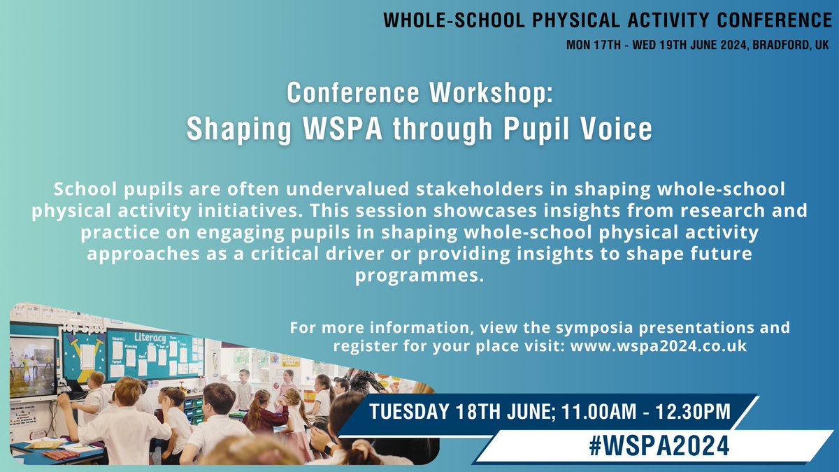 We have a fantastic range of workshops at #WSPA2024 like this one 👉 showcasing how pupil voice & insight can & has been used to shape whole school #PhysicalActivity Presentations from @ShaniaBoom @kwokwng @KarlJohn1993 @juliet_paterson & others Visit wspa2024.co.uk