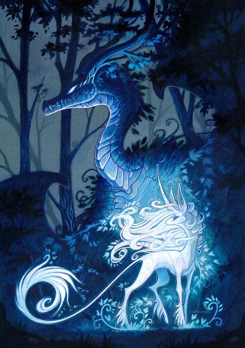Finished work. :D Have some dragon and unicorn~. 'Who is the dreamer, who is the dream? At some point it became impossible to tell, as neither could exist without the other, and they both had forgotten how it had started...'