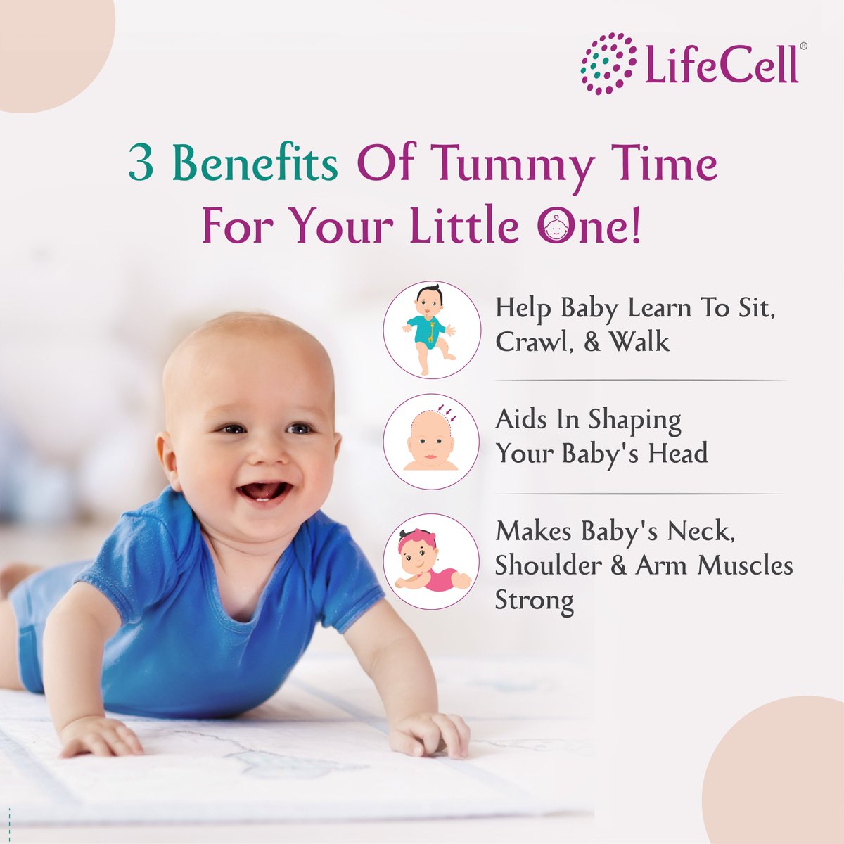 Lifecellint's tweet image. Explore the #magic of Tummy Time! It's when your baby builds strength and learns to sit, crawl, and walk, all while keeping that tiny head perfectly round! Make #TummyTime a delightful routine for your #littleexplorer.