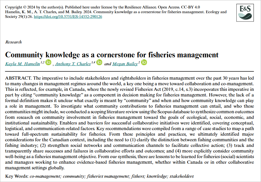 What does including #CommunityKnowledge in #NaturalResourceManagement mean? In <a href="/EcologySociety1/">Ecology & Society</a>, <a href="/ohkay_h/">Kayla Hamelin, PhD</a>, Charles, &amp; <a href="/fishgovernance/">Megan Bailey</a> report a scoping review about #FisheriesManagement. They recommend greater clarity of terms &amp; strengthened communication doi.org/10.5751/ES-145…