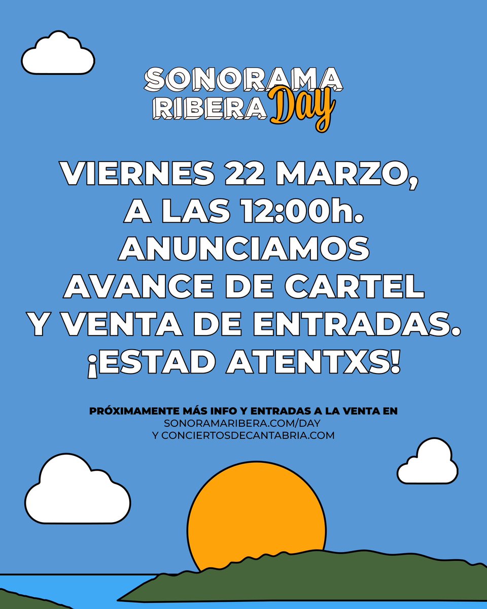 Amigxs... ¡Lo que de viene! 😍 Este viernes 22 de marzo a las 12:00h, conoceremos las primeras confirmaciones de #SonoramaRiberaDay y también saldrán a la venta las entradas en sonoramaribera.com. ¡Estad atentxs! 🗓️ 24.08.2024 #SonoramaRiberaDay 📍Virgen del Mar (Santander)