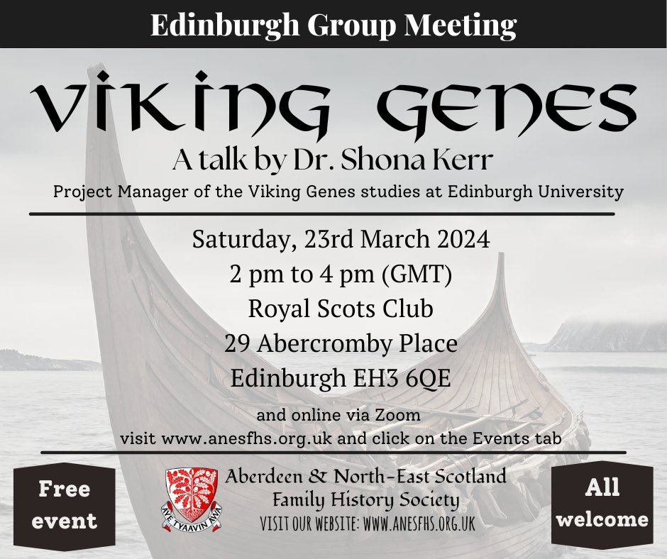 anesfhs's tweet photo. "Viking Genes" will be the subject of our next #Edinburgh Group meeting on Sat., 23rd March 2024 from 2 pm to 4 pm at the Royal Scots Club and online. Further details here: https://t.co/rfT3QCYGBX #Genealogy #Scotland #Vikings https://t.co/nFQcDtPdoU
