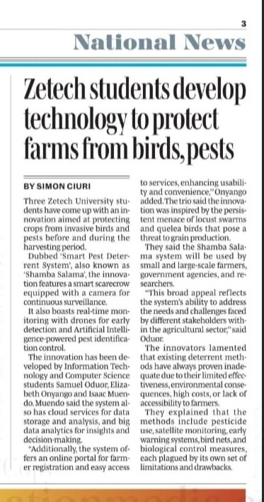 ZetechUni's tweet photo. Zetech University students develop technology to protect farms from birds and pests.
#Zetechuniversity #BeFutureReady #InventYourFuture #InnovationHub #technologynews #agriculture @NationBreaking @NationAfrica https://t.co/z7aqH3ggT4