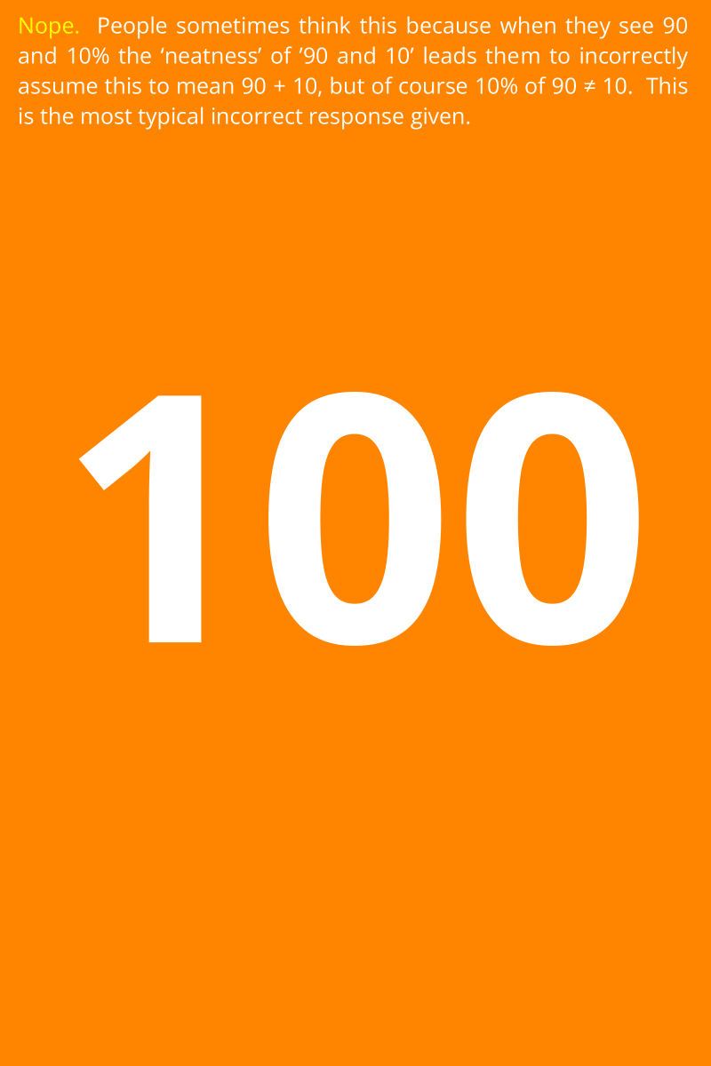 MathsEdIdeas's tweet photo. What is 110% of 90?
Look at the four options and go with your instinct. Tap on the image with the answer you think is correct to see if it is, or to understand why if it's not.
#mathsmistakes https://t.co/PRh0KPHfDa