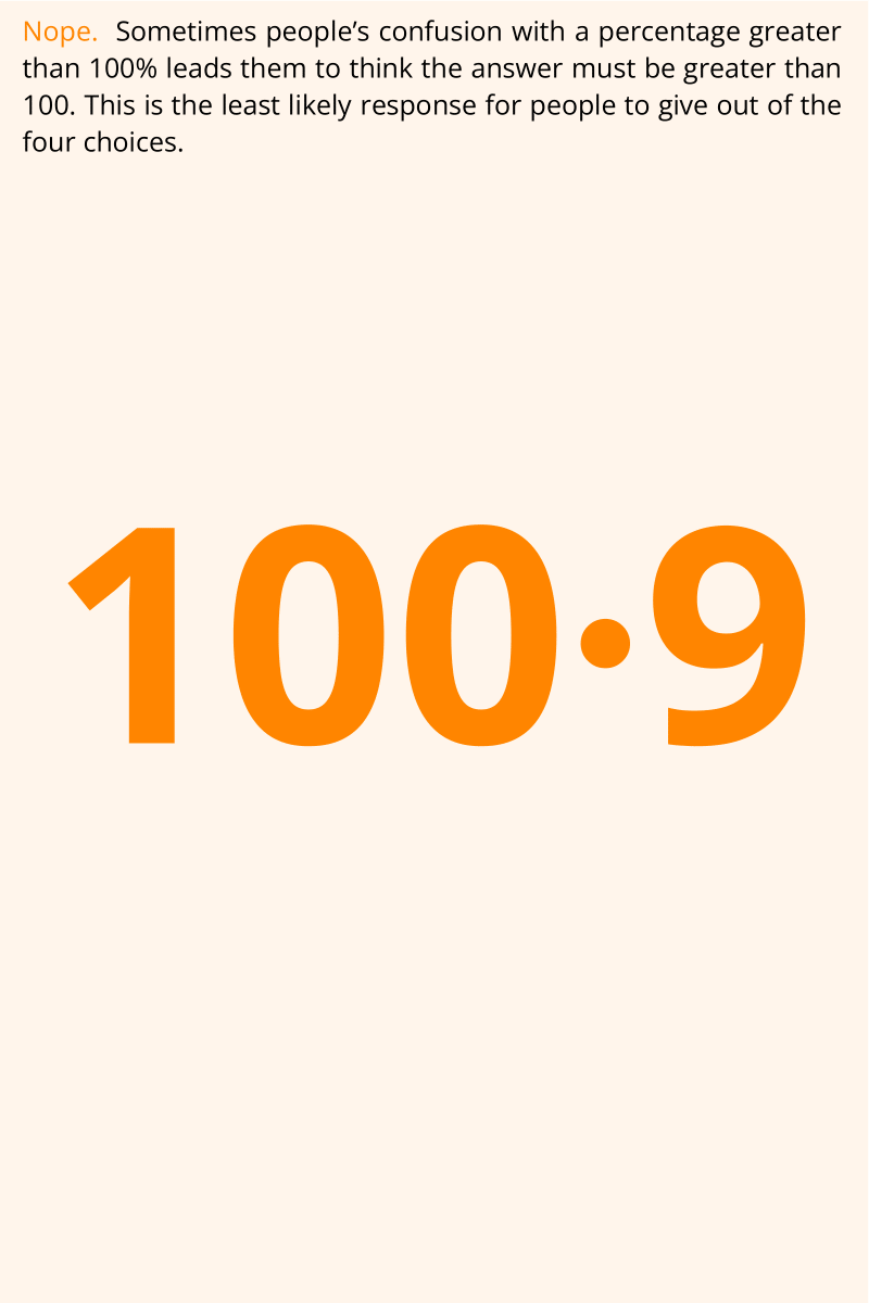 MathsEdIdeas's tweet photo. What is 110% of 90?
Look at the four options and go with your instinct. Tap on the image with the answer you think is correct to see if it is, or to understand why if it's not.
#mathsmistakes https://t.co/PRh0KPHfDa