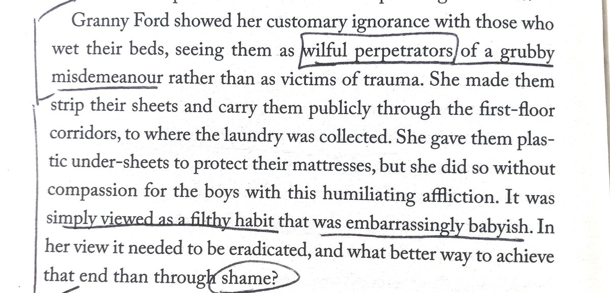 Here’s a para frm @cspencer1508 #AVeryPrivateSchool. It’s about how the adults caring for the (traumatised) childrn viewed bed wetting: as a “grubby misdemeanour” that children were punished for. This extreme example echoes the many debates we hv today abt children’s ‘behaviour’.