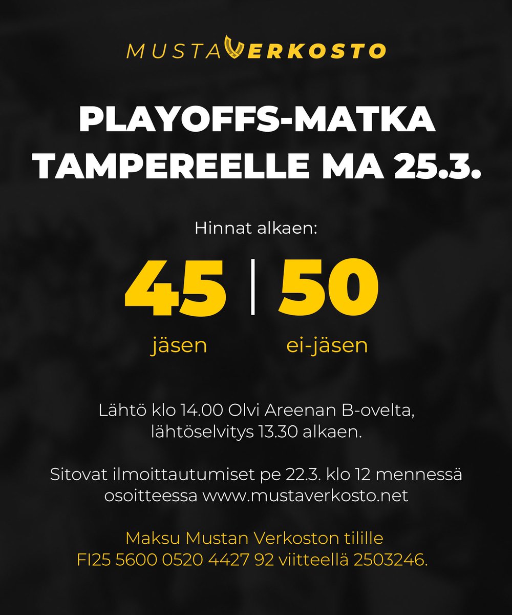 Musta_Verkosto's tweet photo. Puolivälierien 1. ja 3. ottelun matkat on nyt myynnissä! 🚌

Ilmoittaudu mukaan mahdollisimman pian, niin saadaan reissut varmistettua!

Ilmoittautumaan pääset osoitteesta https://t.co/op0BcjLZJS – katsothan varausta tehdessäsi tarkkaan, että valitset oikean ottelun!

#KalPa https://t.co/lDqzkZiAa9