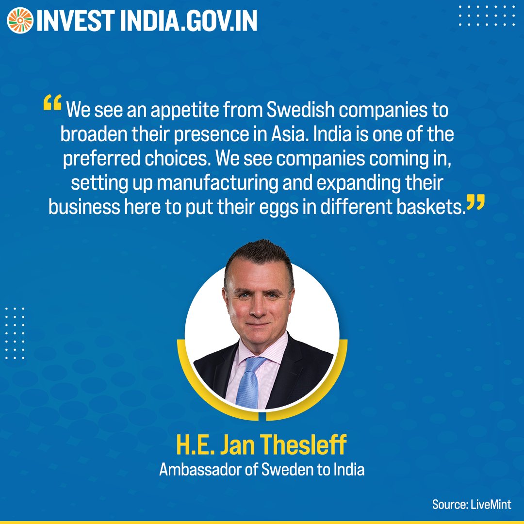 In the 2023 Global Business Climate Survey by @BusinessSweden, 86% of respondents found India's business climate favourable, up by ~20% from 2022, making it a top investment choice for Swedish businesses. #InvestInIndia #IndiaAndTheWorld #IndiaSwedenRelations @IndiainSweden