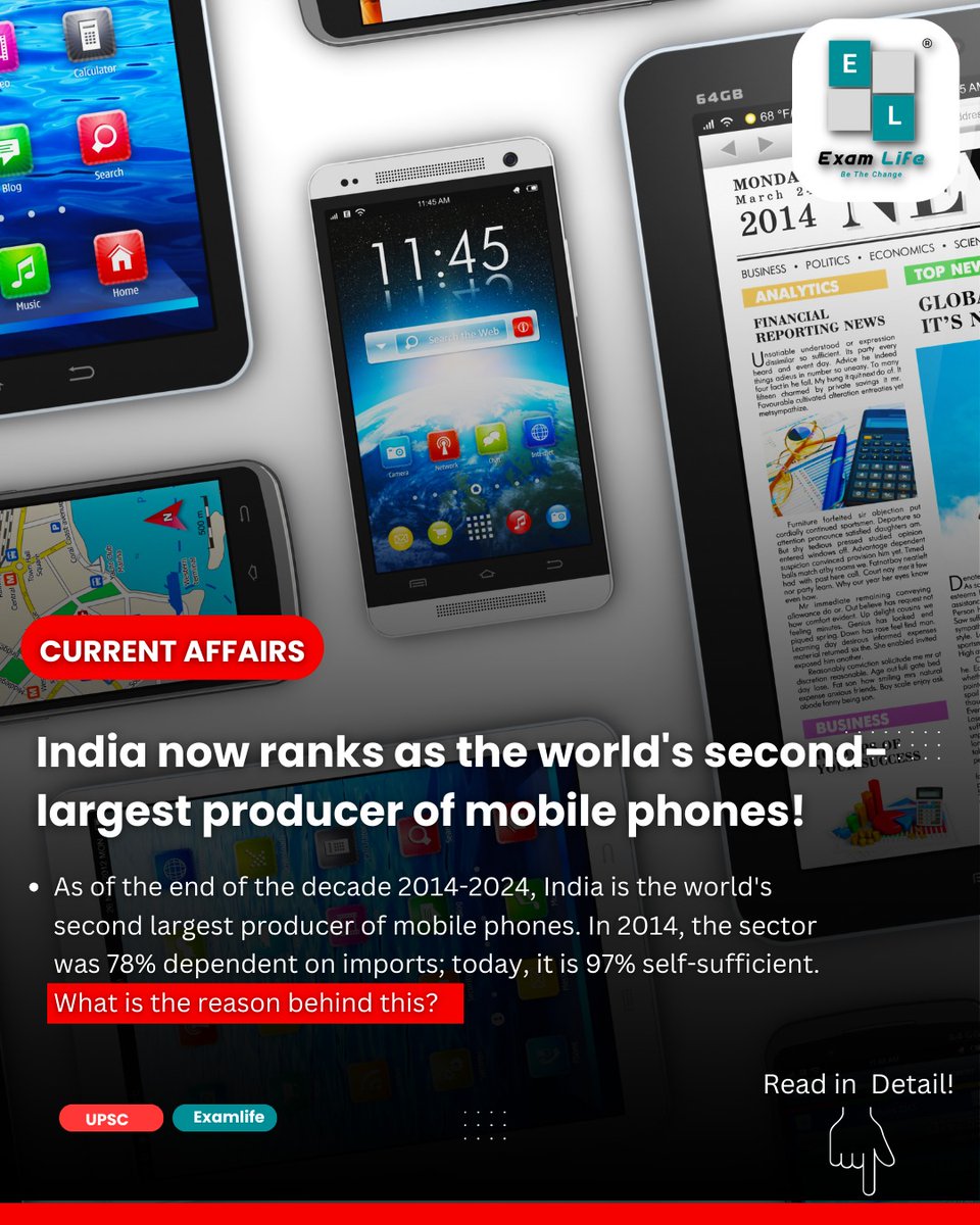 examlifedotinfo's tweet photo. 👉India now ranks as the world's second-largest producer of mobile phones! What is the reason behind this❓

Read in detail:👇
https://t.co/m2725ouQtE

#Examlife #CURRENTAFFAIRS #upsc #news #newspaper #upscnews #technews #mobile https://t.co/4ASN6CMfY0