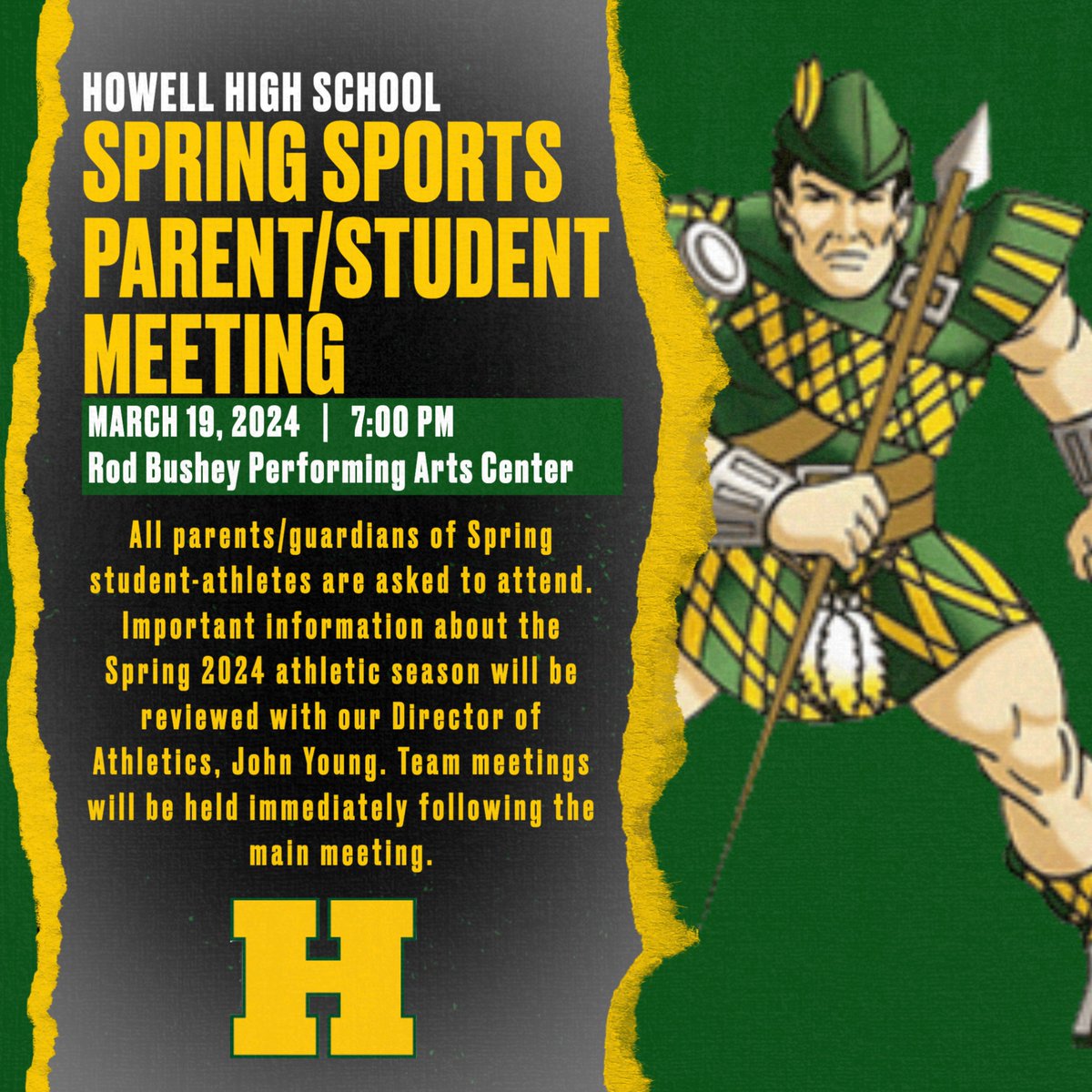 Spring sports Parent/Student Meeting is tomorrow evening. We look forward to seeing everyone tomorrow at 7:00pm. See you there!!! #OneHowell
