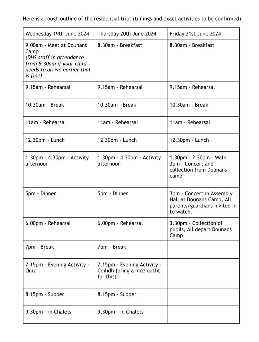 Dounans Trip 19-21 June 2024 has been launched. Our annual school show will now take place in October. Our music residential has moved to the summer term, hopefully we will get some sunny weather for outdoor activities! ☀️This trip is for singers and instrumentalists @DunblaneHS