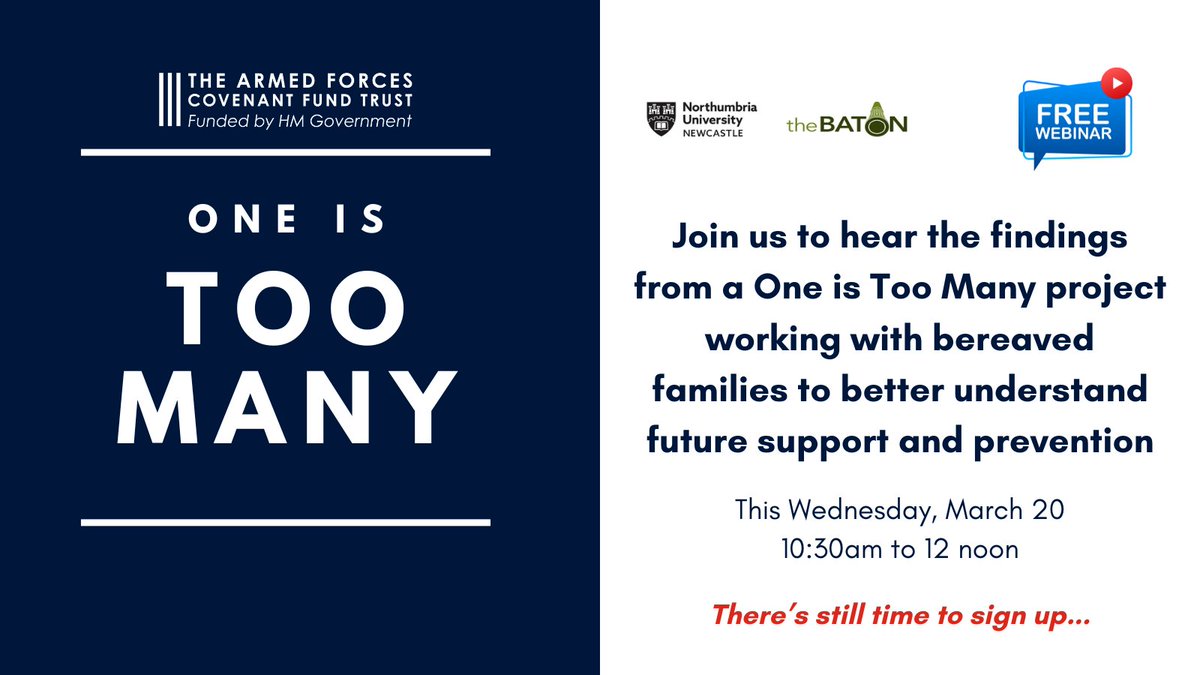 There is still time to sign up to attend our One Is Too Many webinar, 20 March, 10:30 to 12 noon Hear findings from the Baton’s project working with families bereaved by suicide, recommendations from their work, plus ask your questions in our Q&A session covenantfund.org.uk/2024/02/27/vet…