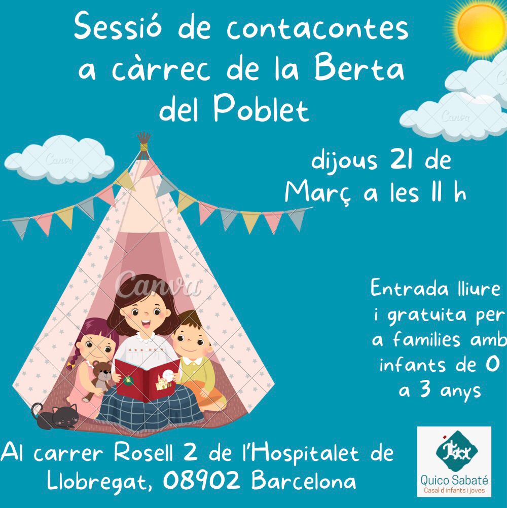 Aquesta setmana, 2 noves activitats gratuïtes per a famílies amb infants de 0-3 anys.

- Xerrada #BabyLedWeaning
Dimecres 20, a les 11h

- Sessió de #contacontes
Dijous 21, a les 11h

Organitzades per l'#EspaiFamiliar #Sabatetes, del @casal_quico de #SantaEulàlia #LH

#SomCanalla