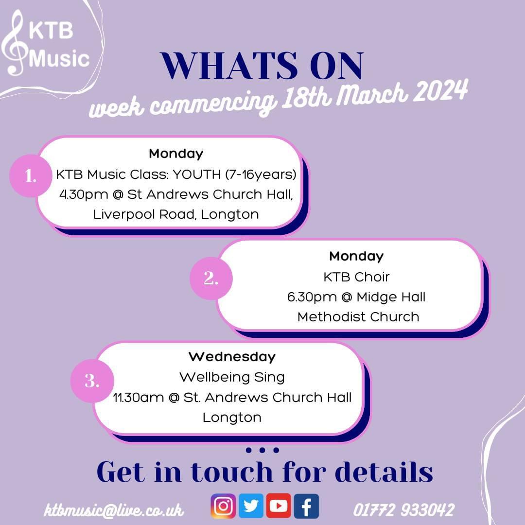 NOTE: There are no KTB Voice, LVM Choir or Music Theatre Chorus rehearsals this week. For information on anything we've got going on this week, check out our previous posts or get in touch. See you soon! 😄