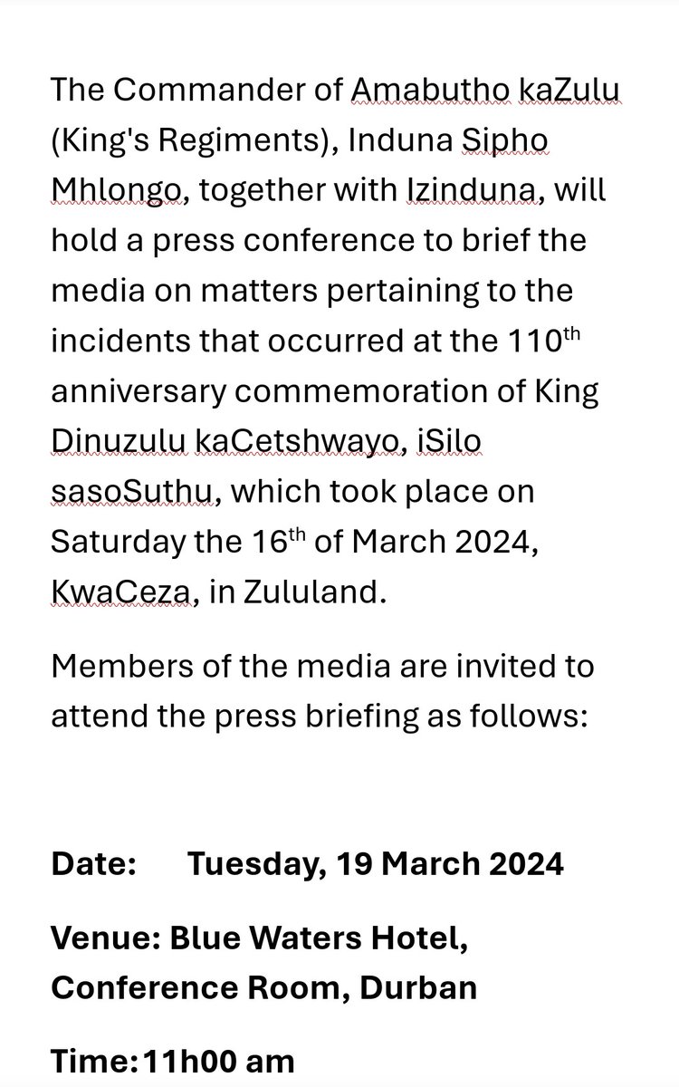 UPDATE: The co-commander of Zulu regiments, Induna Sipho Mhlongo, and other Izinduna will tomorrow brief the media in Durban. This follows the incident at KwaCeza where MEC Siboniso Duma grabbed a microphone from Reverend Thulasizwe Buthelezi, the traditional prime minister of…