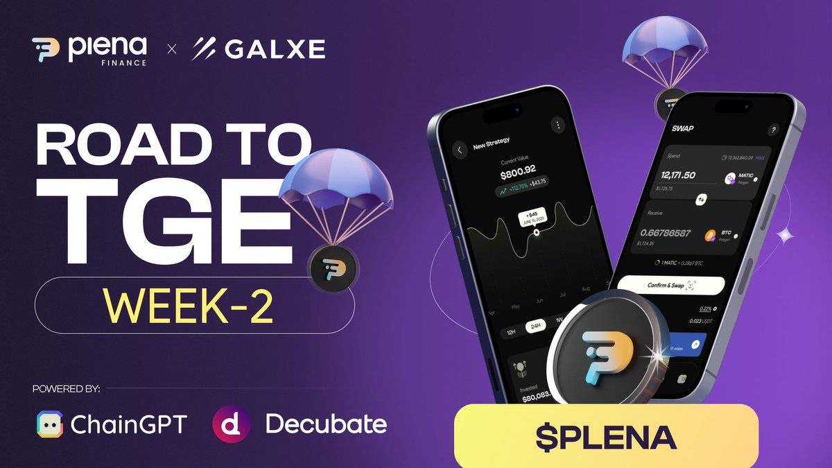 Week 2 of @Galxe Quest is here... Dive into Week 2 of the $PLENA Road to TGE Quest, featuring our Launchpads: @decubate & @ChainGPT_Pad Complete this Weeks tasks for a chance to win bonus USDT + WL spots: galxe.com/PlenaFinance/c… Finish all 4 weeks to earn a reward!