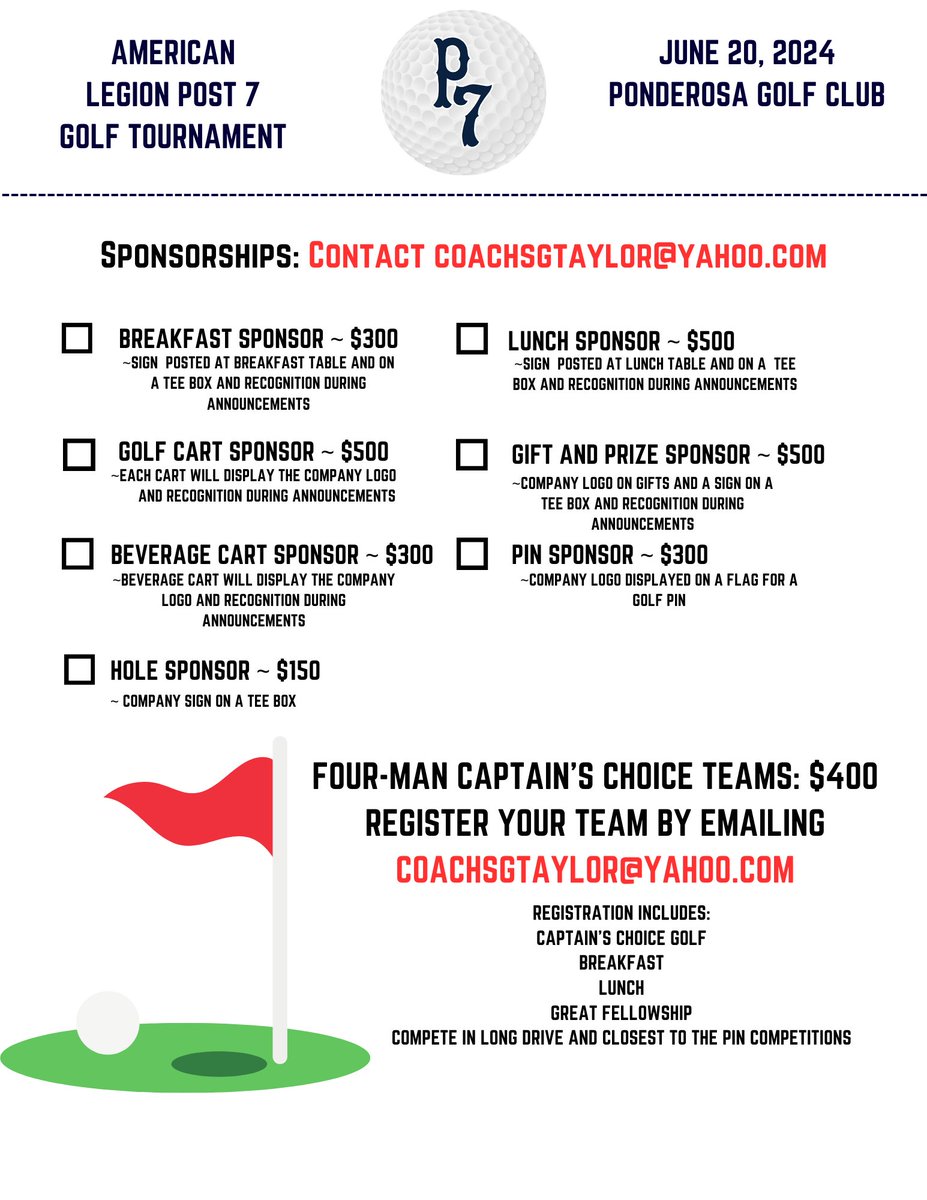 SAVE THE DATE
Lexington Post 7 annual golf tournament will be Thursday, June 20 at Ponderosa Golf Club. 
Take a look at our flyer for more information or email Coach Taylor at coachsgtaylor@yahoo.com
All proceeds from the tournament go to scholarships for players.