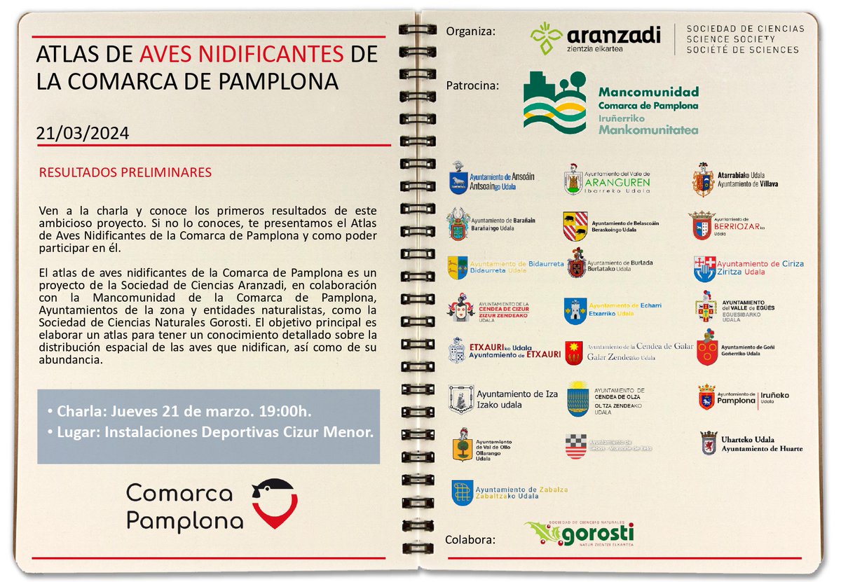 🐦ATLAS AVES NIDIFICANTES COMARCA DE PAMPLONA🐦
* Charla: jueves 21 de marzo 19:00h
* Curso iniciación: sábado 6 de abril 10:30
* Curso avanzado: sábado 18 mayo 10:30